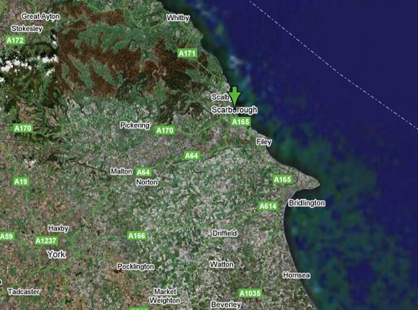 Google Hybrid Map showing the East Coast of England - Scarborough